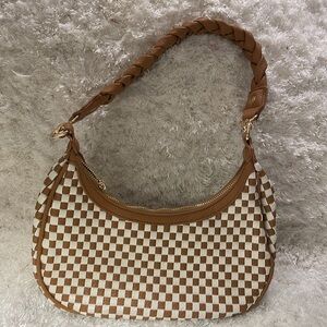 VIVA TERRY Braided Handle Checkered Brown and White Women's Bag
